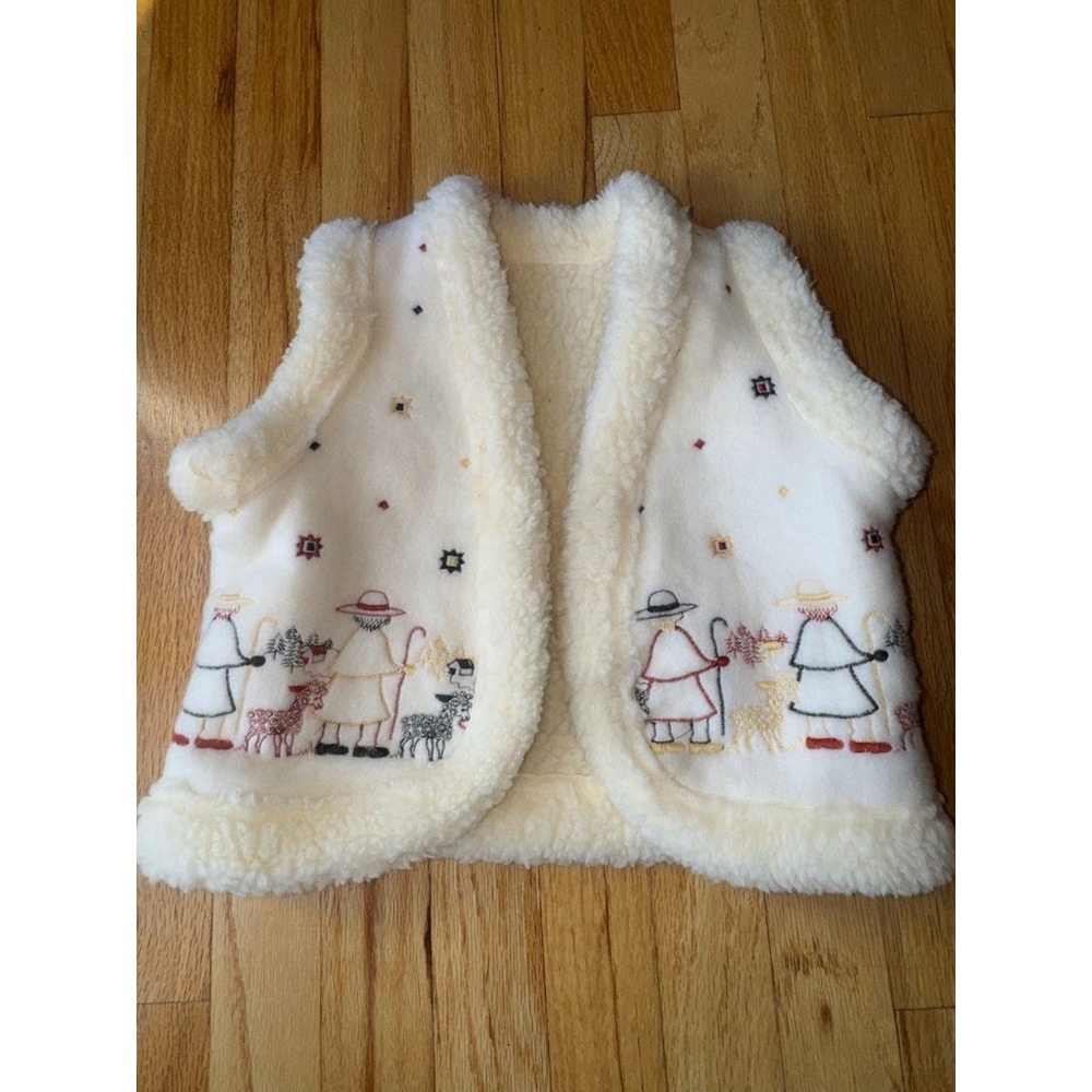 Vintage Baby France Made Fleece Sherpa Vest Acrylic Pastoral Embroidered Farm